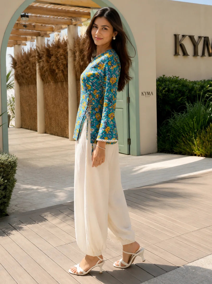 Blue and Yellow Floral Jaal Short Kurti in Cotton