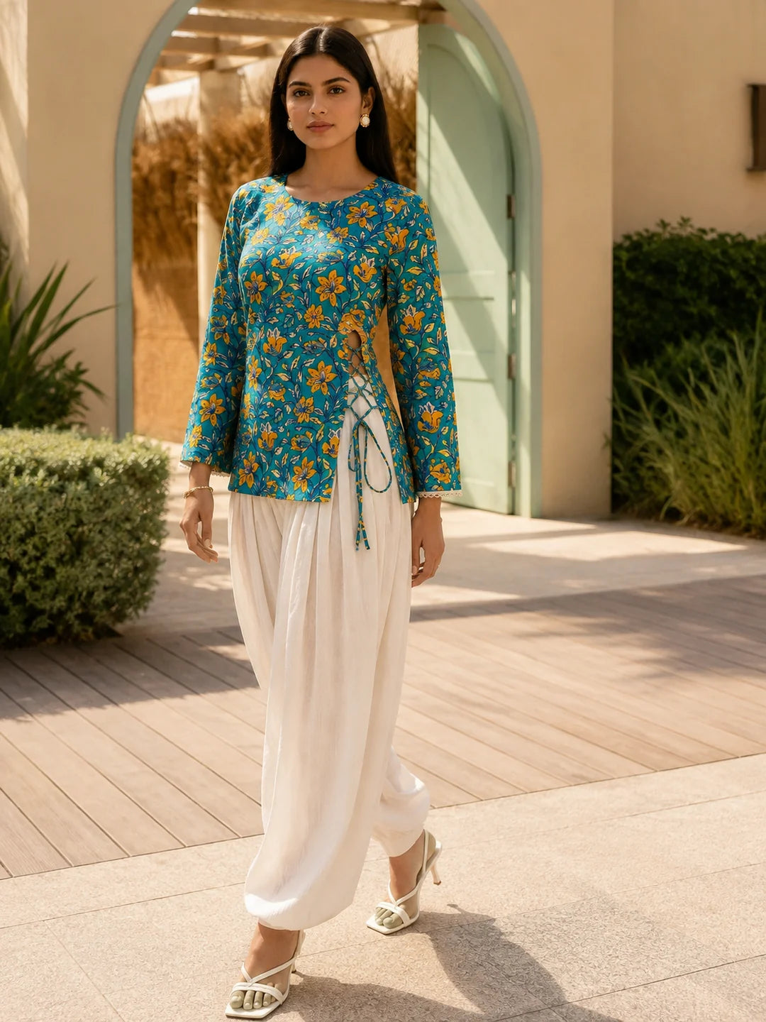Blue and Yellow Floral Jaal Short Kurti in Cotton