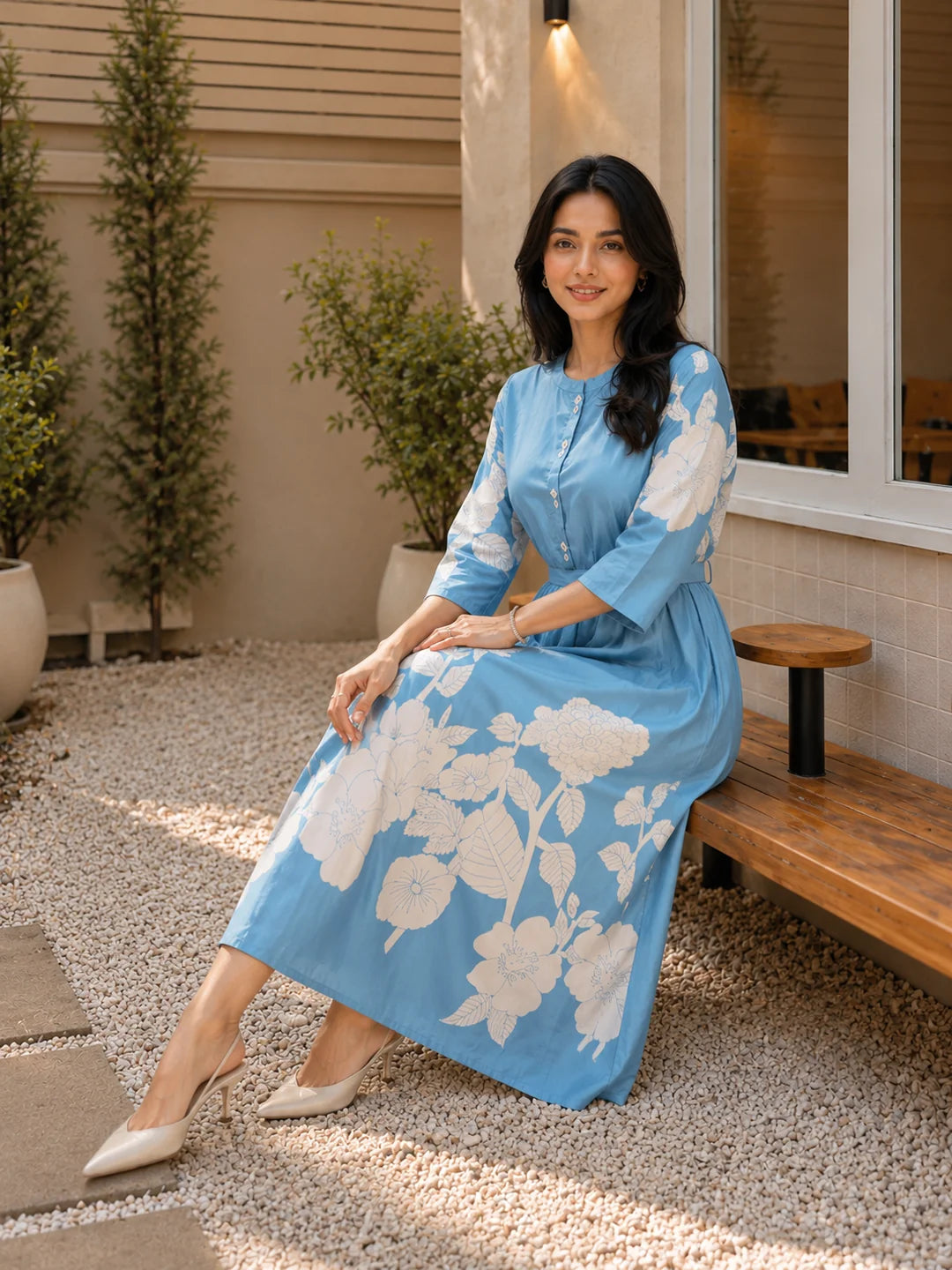 Aqua Blue Base With Cream Color Bold Flower Motif  Midi Dress