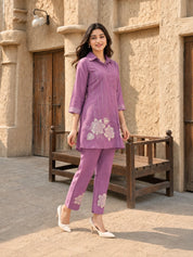 Lavender and Cream Embroidered Chinon Co-Ord Set with Bold Floral Patchwork