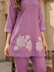 Lavender and Cream Embroidered Chinon Co-Ord Set with Bold Floral Patchwork