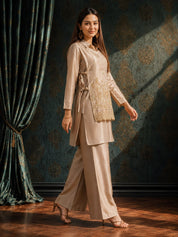 Beige 3-Piece Co-Ord Set in Shimmer Tissue