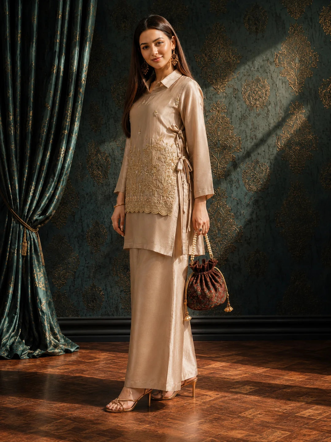 Beige 3-Piece Co-Ord Set in Shimmer Tissue