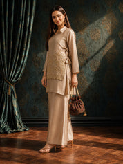 Beige 3-Piece Co-Ord Set in Shimmer Tissue