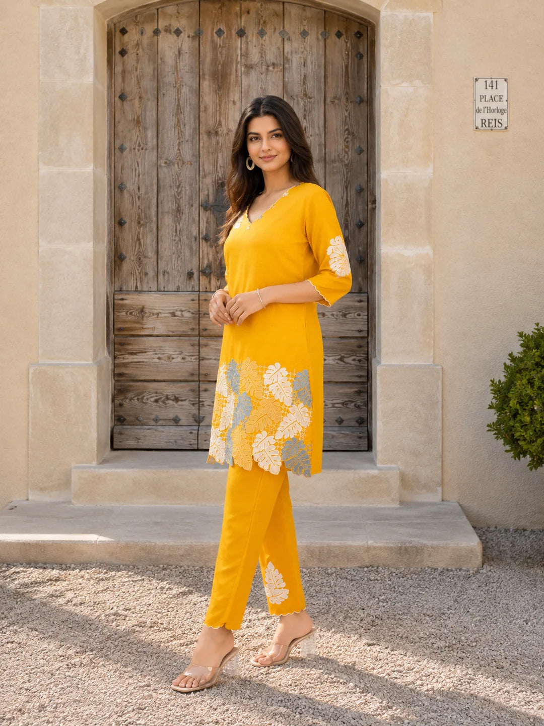 Mustard Multi-Thread Embroidered Scalloped Co-Ord Set