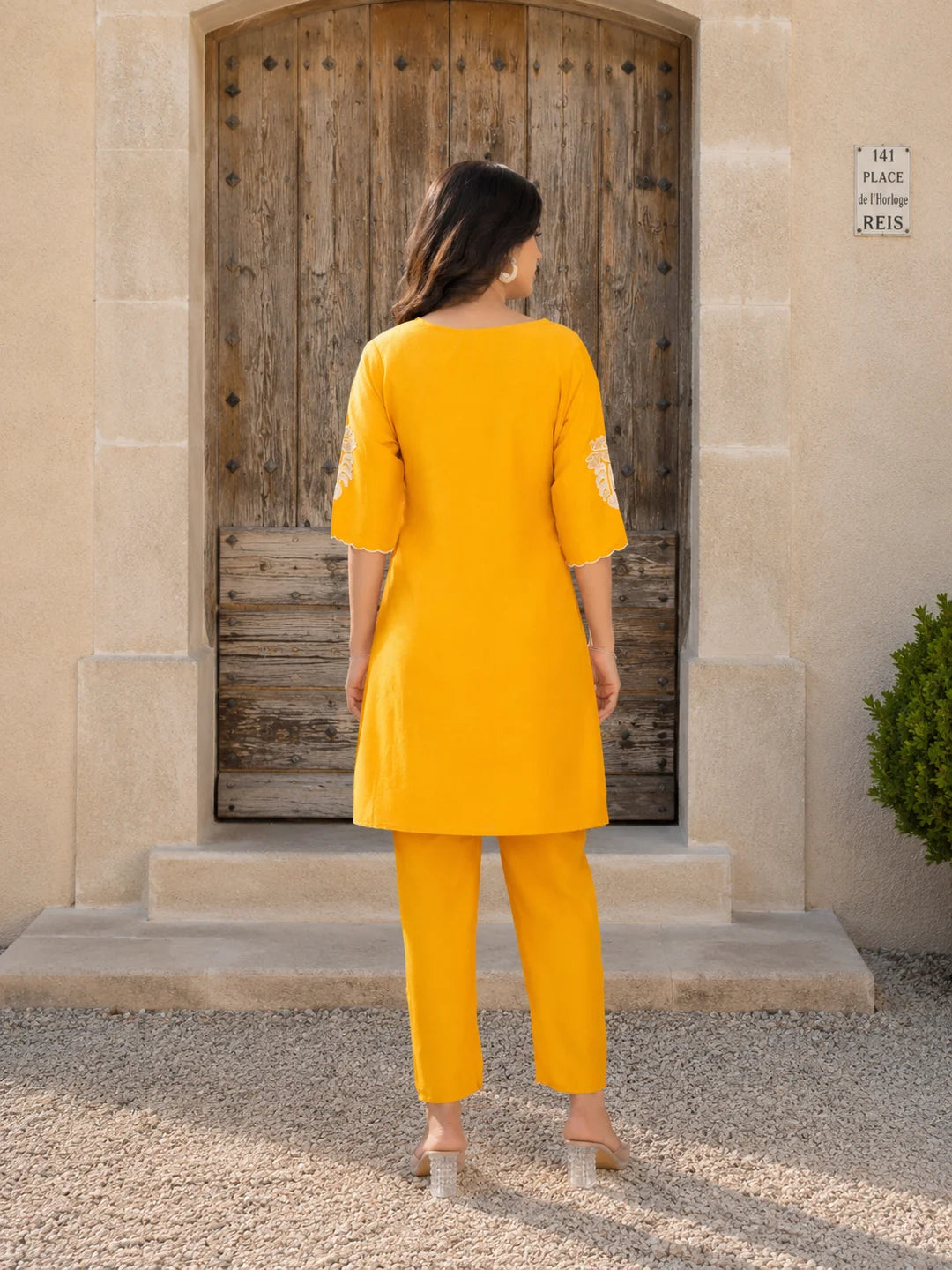 Mustard Multi-Thread Embroidered Scalloped Co-Ord Set