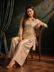 Beige 3-Piece Co-Ord Set in Shimmer Tissue