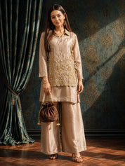 Beige 3-Piece Co-Ord Set in Shimmer Tissue