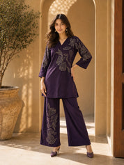 Velvet Floral Embroidered Co-ord Set in Dark Purple