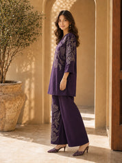 Velvet Floral Embroidered Co-ord Set in Dark Purple