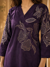 Velvet Floral Embroidered Co-ord Set in Dark Purple