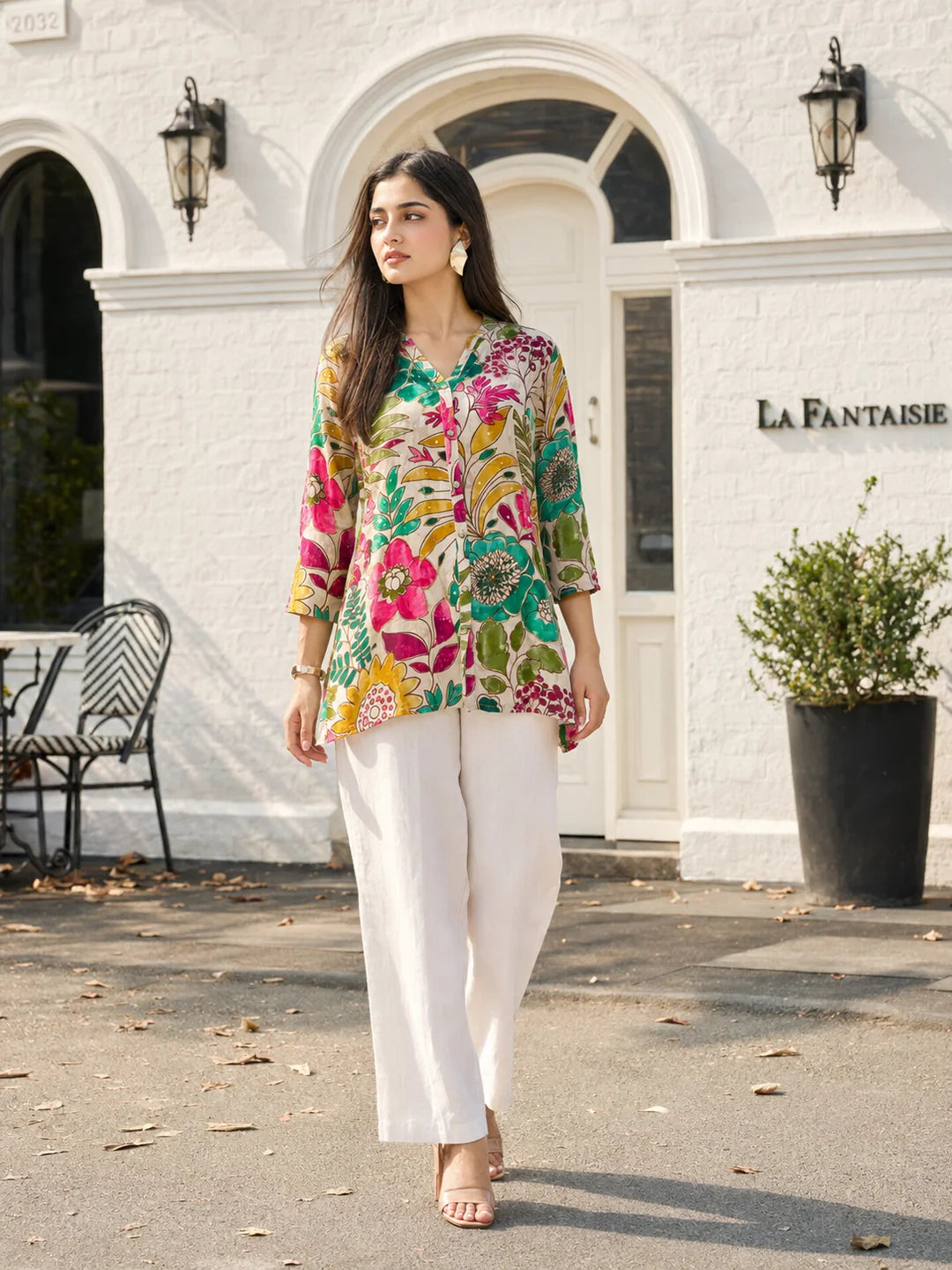 Off-White Base Multicolor Embellished Floral Muslin Tunic