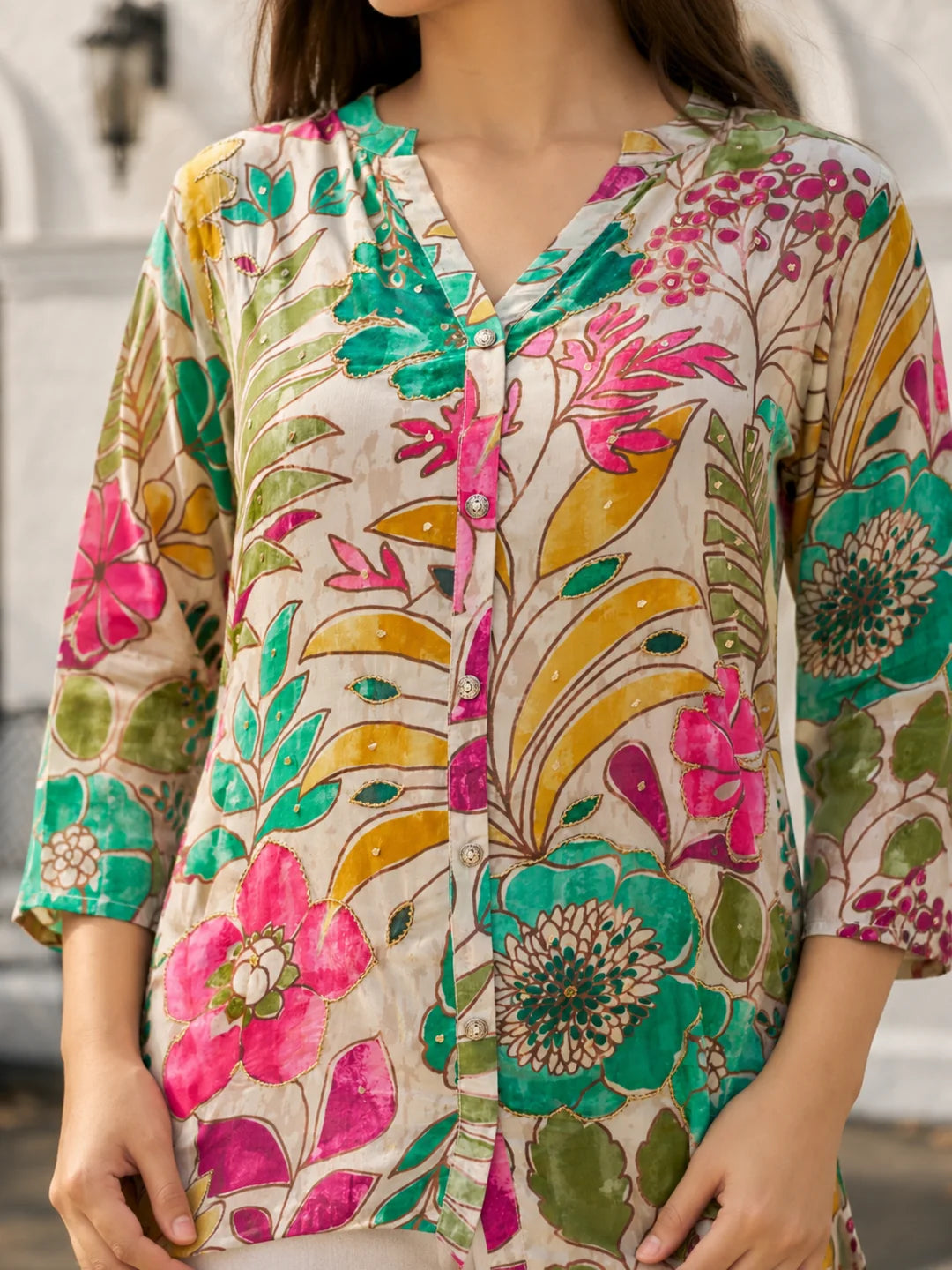 Off-White Base Multicolor Embellished Floral Muslin Tunic