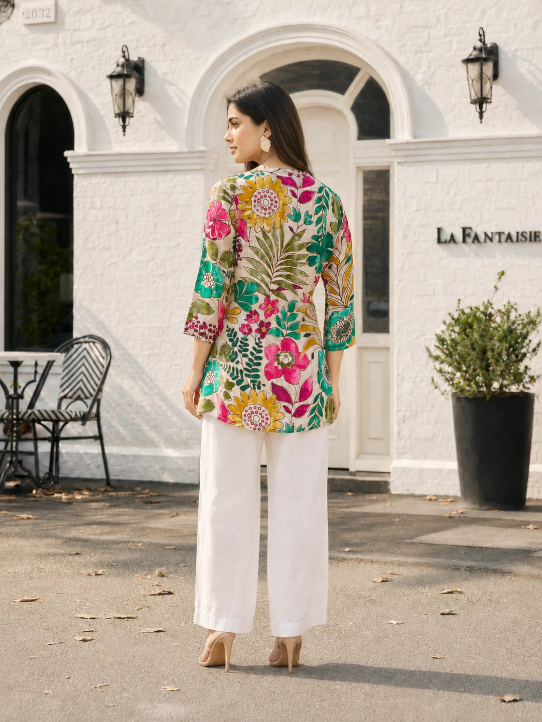 Off-White Base Multicolor Embellished Floral Muslin Tunic