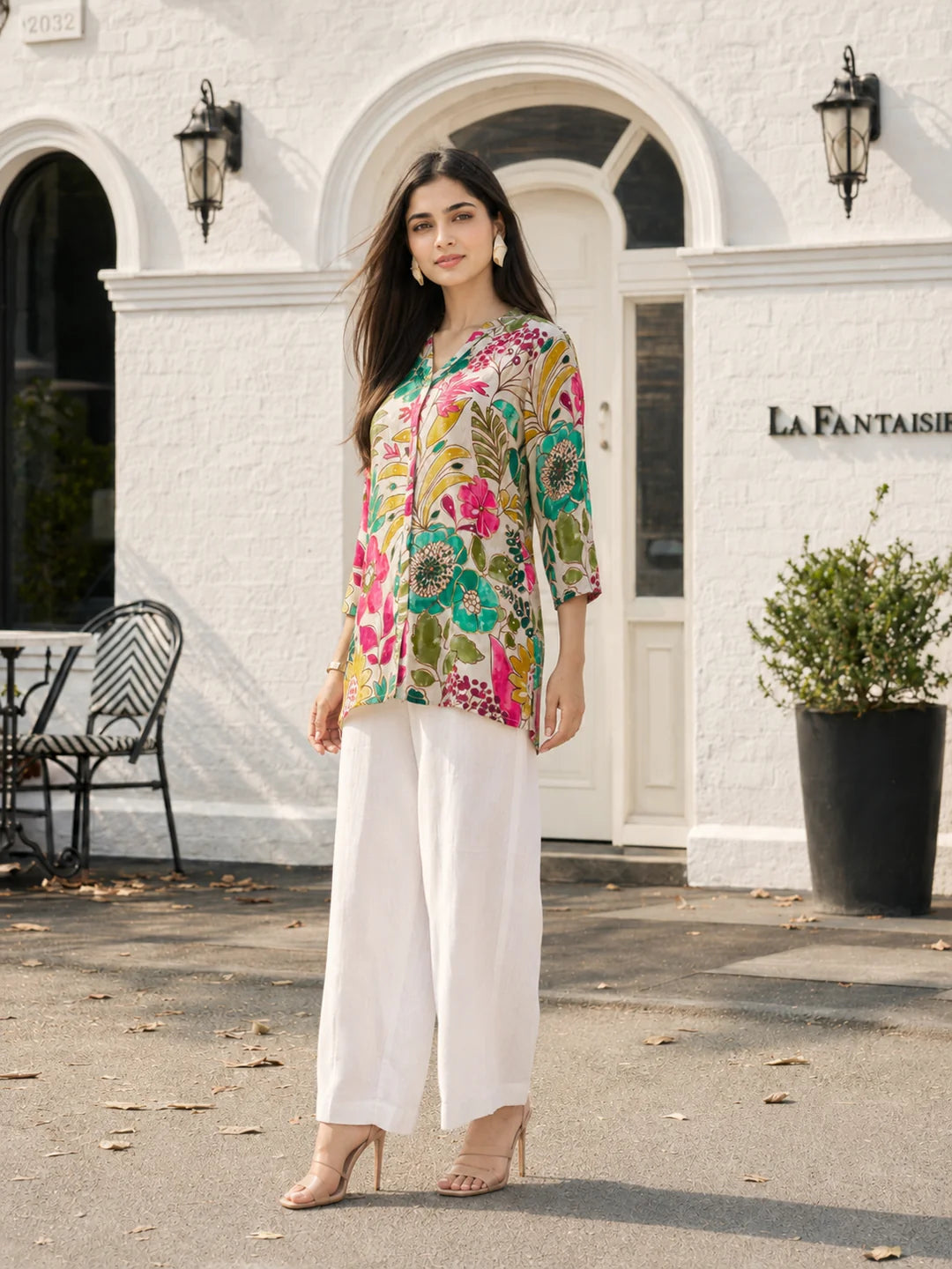 Off-White Base Multicolor Embellished Floral Muslin Tunic