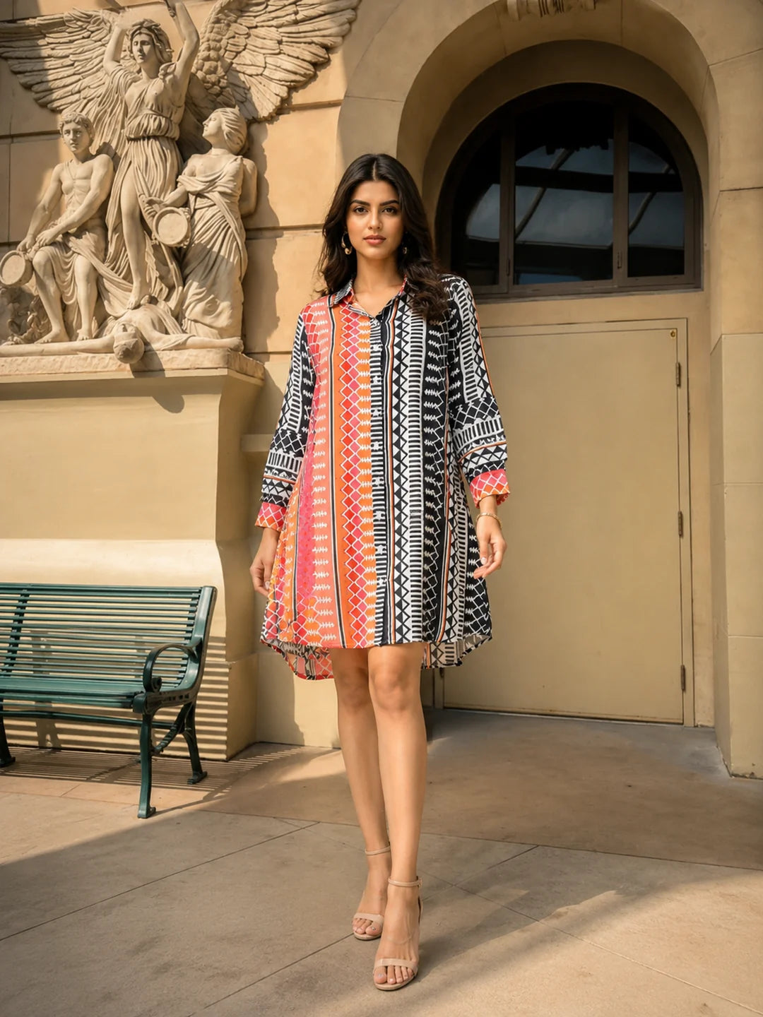 Multi-Color Placement Printed Asymmetric Hem Shirt Dress in Viscose