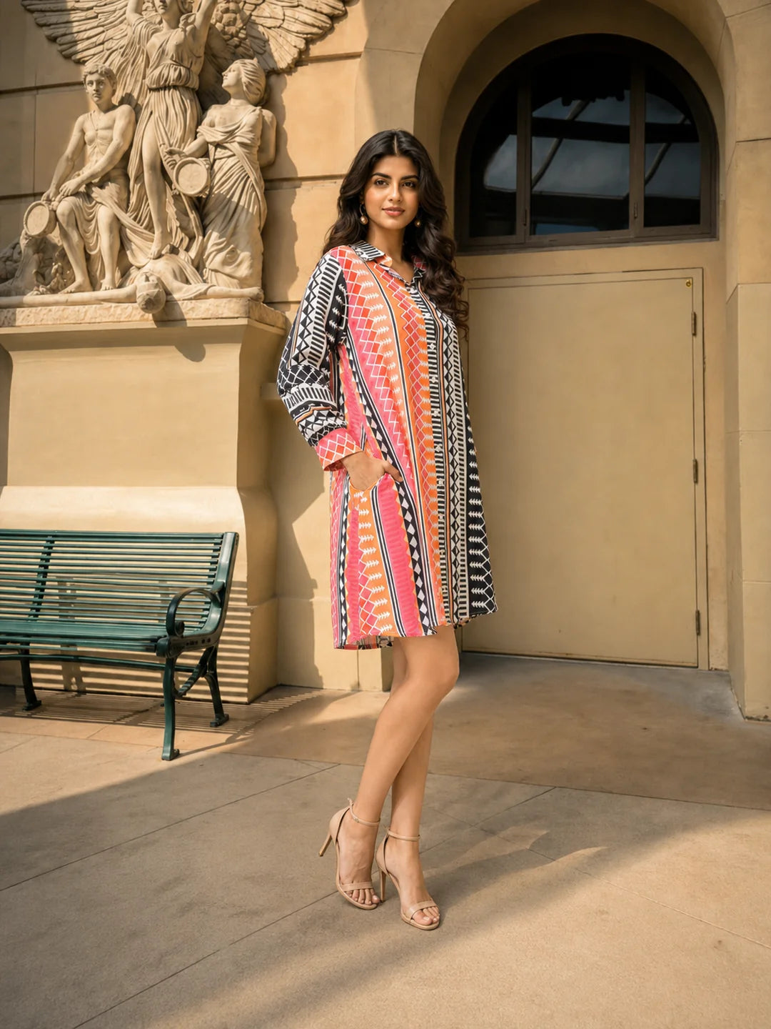 Multi-Color Placement Printed Asymmetric Hem Shirt Dress in Viscose
