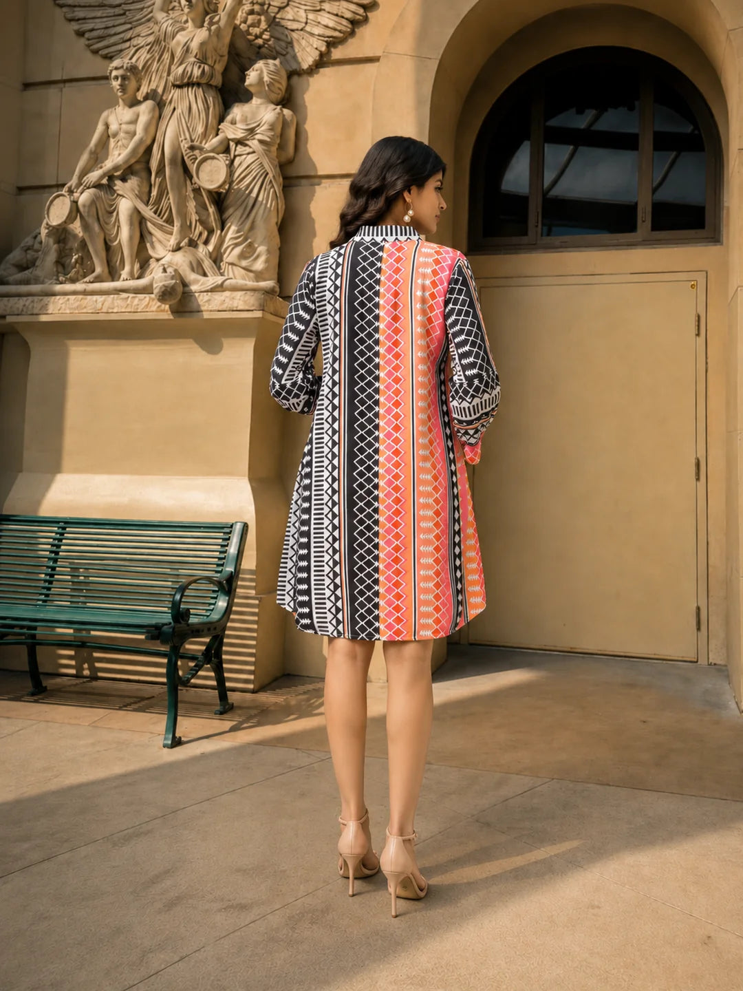 Multi-Color Placement Printed Asymmetric Hem Shirt Dress in Viscose
