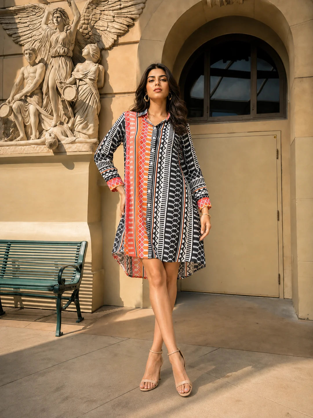 Multi-Color Placement Printed Asymmetric Hem Shirt Dress in Viscose