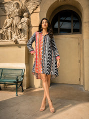 Multi-Color Placement Printed Asymmetric Hem Shirt Dress in Viscose