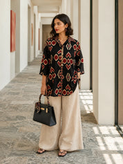 Black Short Kurti with Brick Red Ikkat Print in Cotton