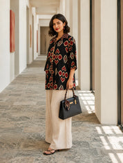 Black Short Kurti with Brick Red Ikkat Print in Cotton
