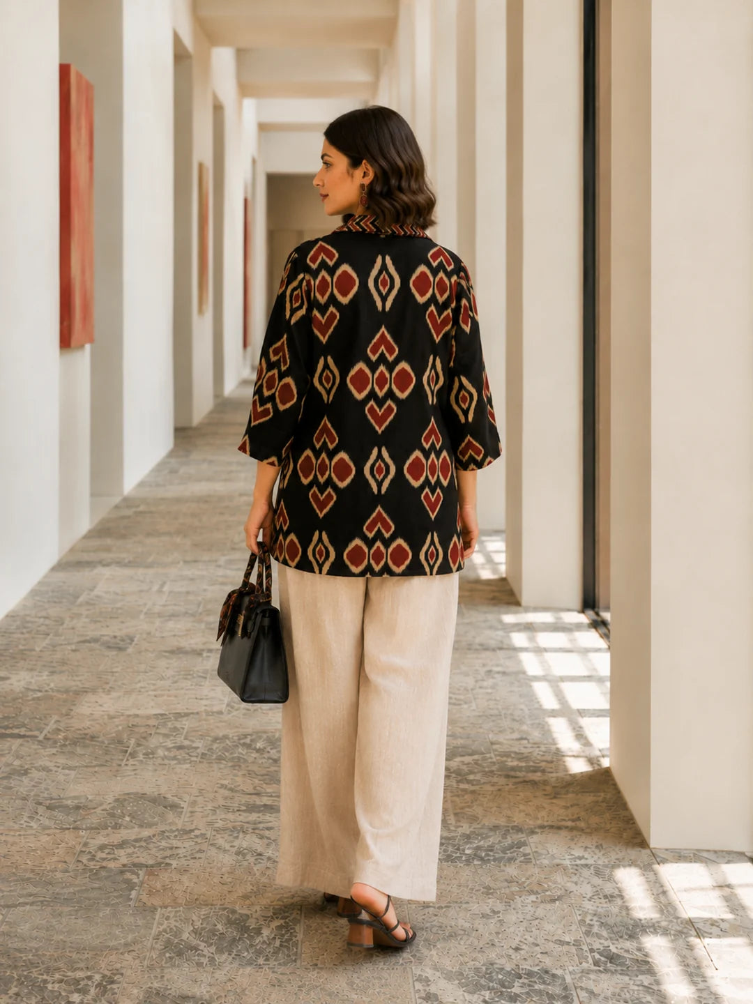 Black Short Kurti with Brick Red Ikkat Print in Cotton