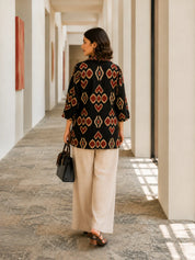 Black Short Kurti with Brick Red Ikkat Print in Cotton