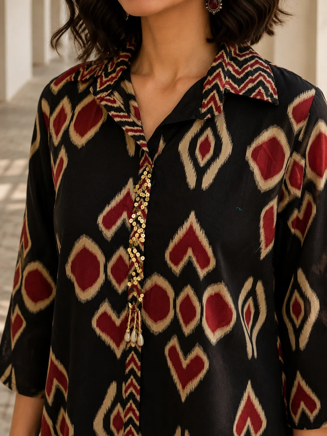 Black Short Kurti with Brick Red Ikkat Print in Cotton