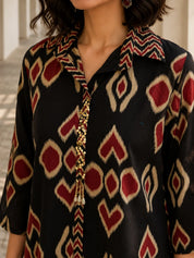 Black Short Kurti with Brick Red Ikkat Print in Cotton
