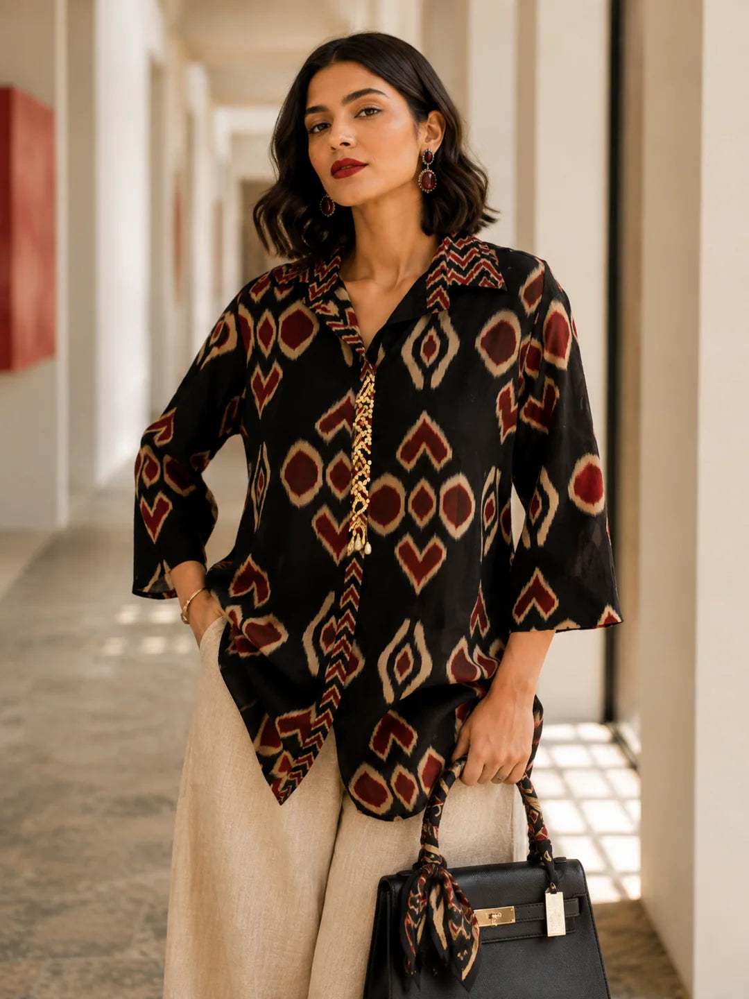Black Short Kurti with Brick Red Ikkat Print in Cotton