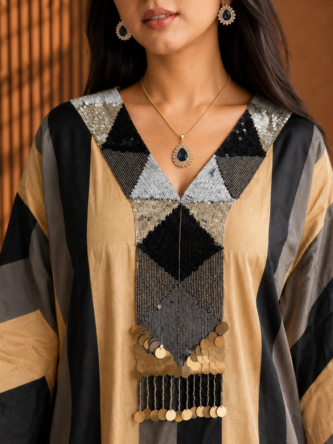Black & Beige Embroidered Co-ord Set in Crepe
