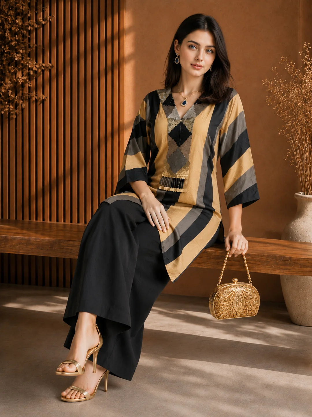 Black & Beige Embroidered Co-ord Set in Crepe