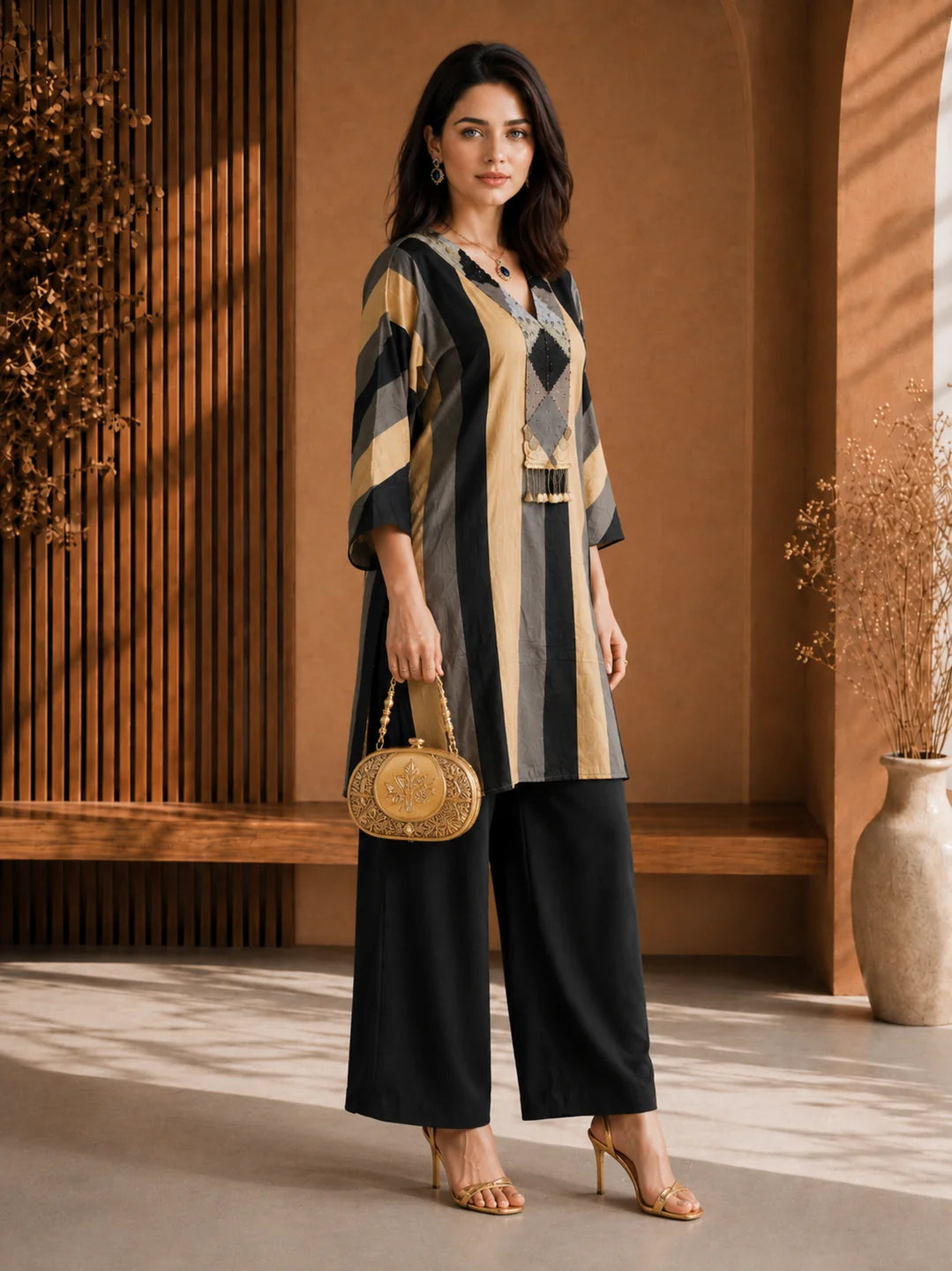 Black & Beige Embroidered Co-ord Set in Crepe