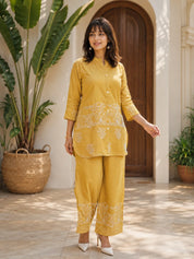 Mustard Floral Embroidered Silk Co-ord Set