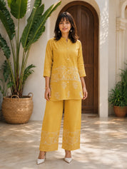 Mustard Floral Embroidered Silk Co-ord Set