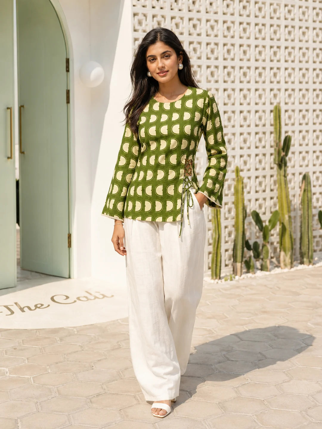 Green and Cream Geometric Printed Short Kurti in Cotton