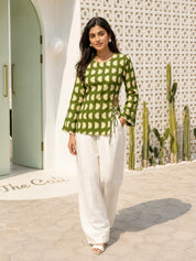 Green and Cream Geometric Printed Short Kurti in Cotton