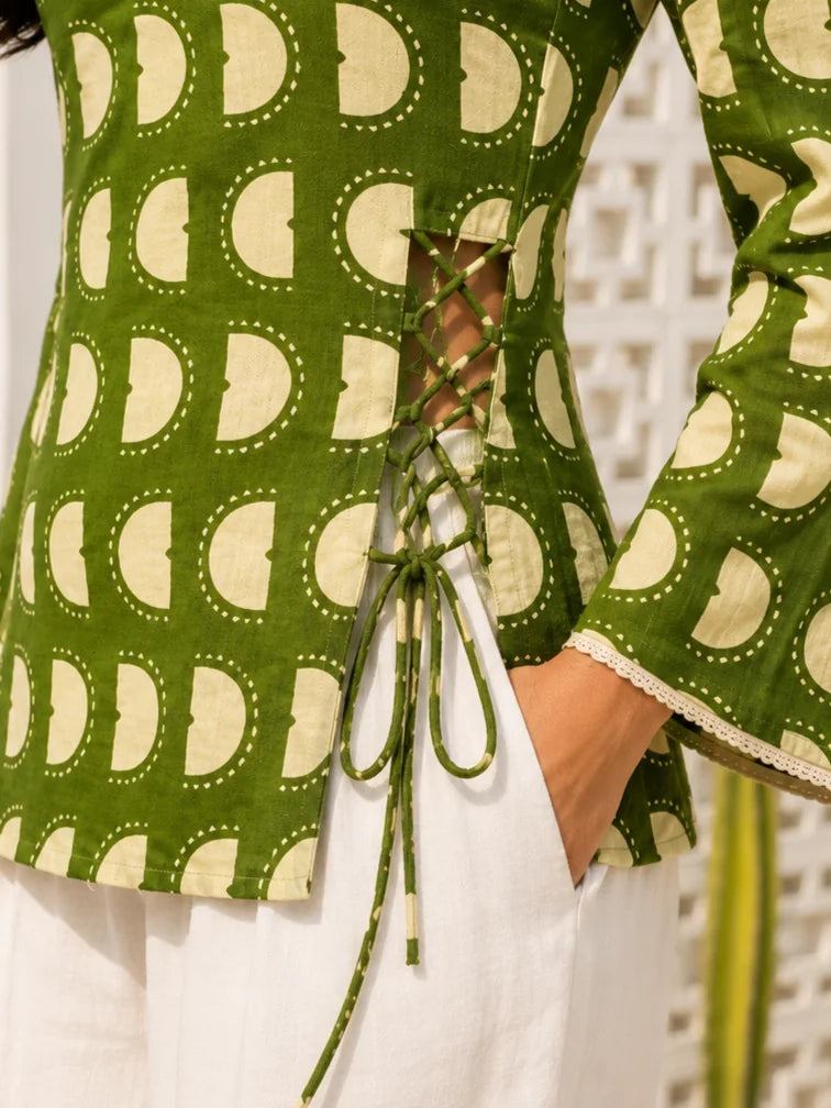Green and Cream Geometric Printed Short Kurti in Cotton