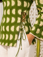 Green and Cream Geometric Printed Short Kurti in Cotton