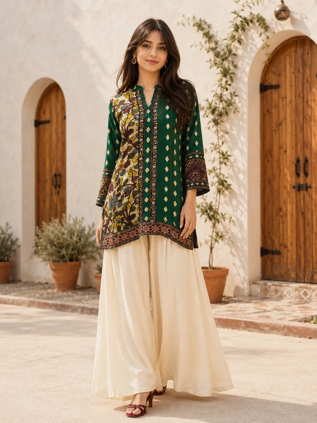 Emerald Green Kalamkari Print Short Kurti in Crepe