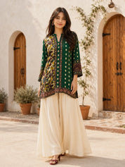 Emerald Green Kalamkari Print Short Kurti in Crepe