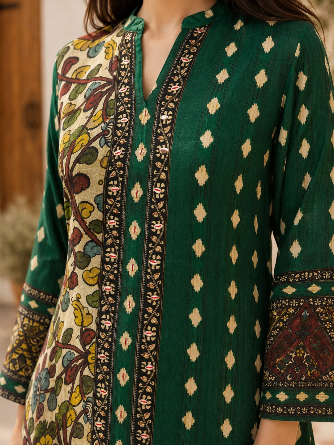 Emerald Green Kalamkari Print Short Kurti in Crepe