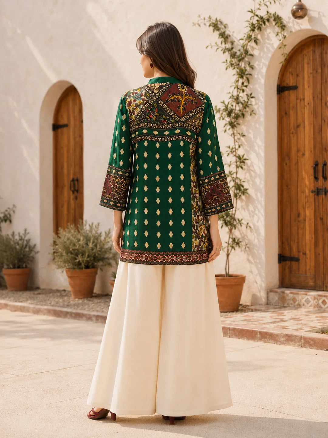 Emerald Green Kalamkari Print Short Kurti in Crepe