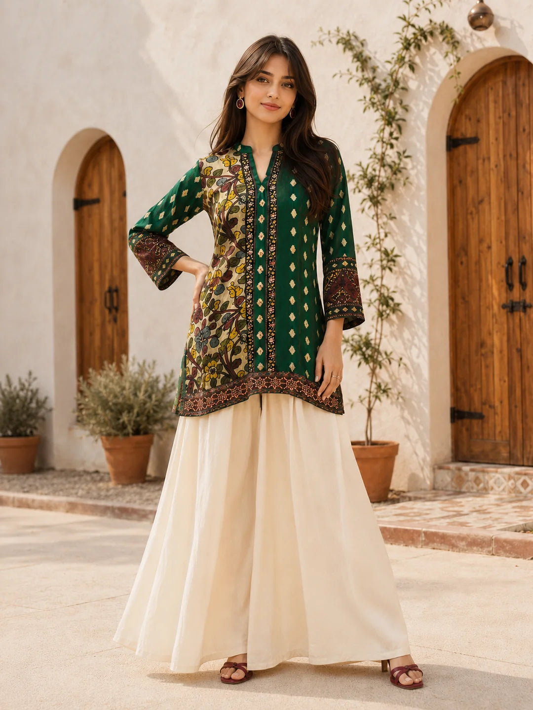 Emerald Green Kalamkari Print Short Kurti in Crepe