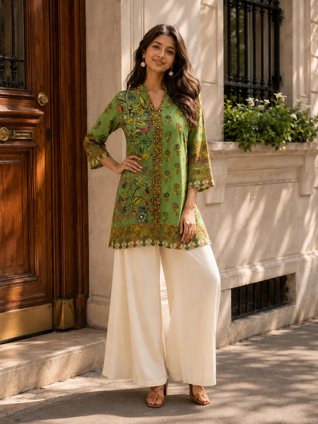Parrot Green Kalamkari Printed Short Kurti in Crepe
