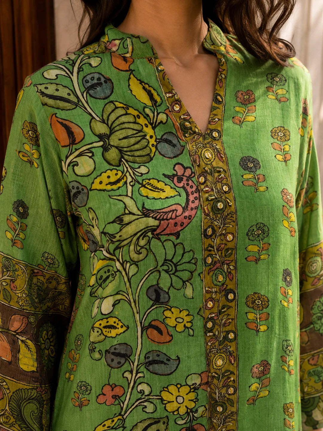 Parrot Green Kalamkari Printed Short Kurti in Crepe