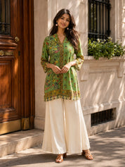 Parrot Green Kalamkari Printed Short Kurti in Crepe