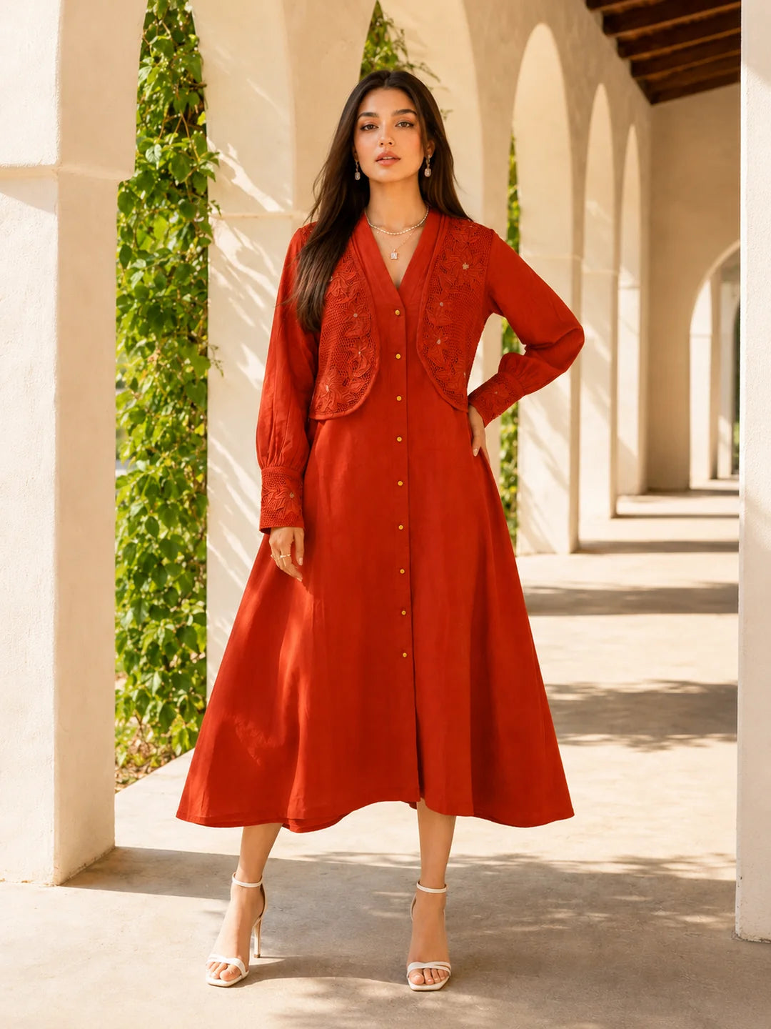Orange A-Line Dress in Cotton Poplin