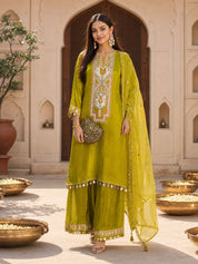 Yellow Mirror Embroidered 3-Piece Kurta Set in Crepe